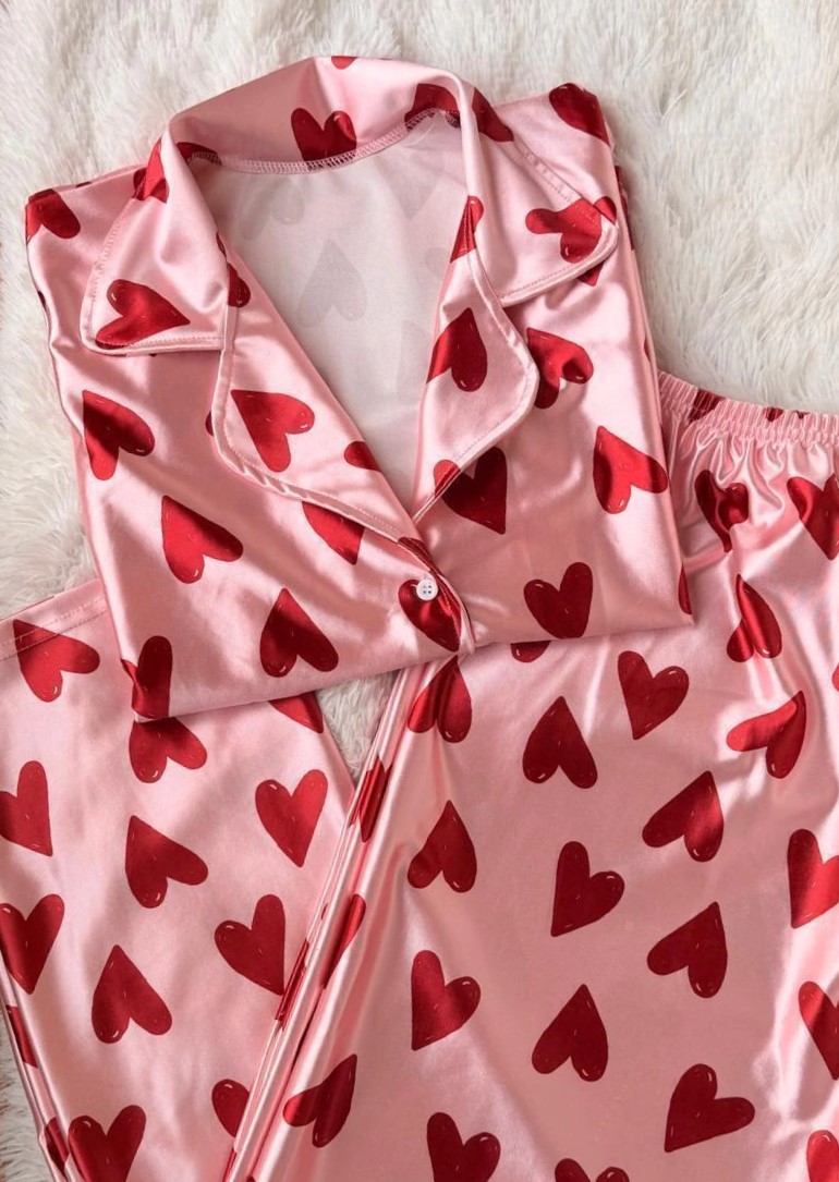 CAMISERO SATEN CORAZONES ROJOS